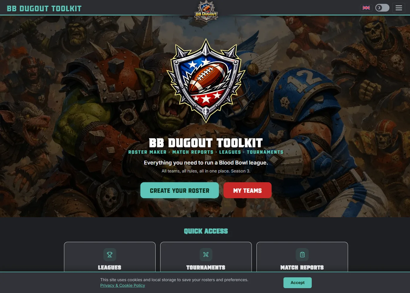 Portada de bbdugout.com en escritorio con el escudo, la ilustración de fondo y los accesos a ligas, torneos y partidos.