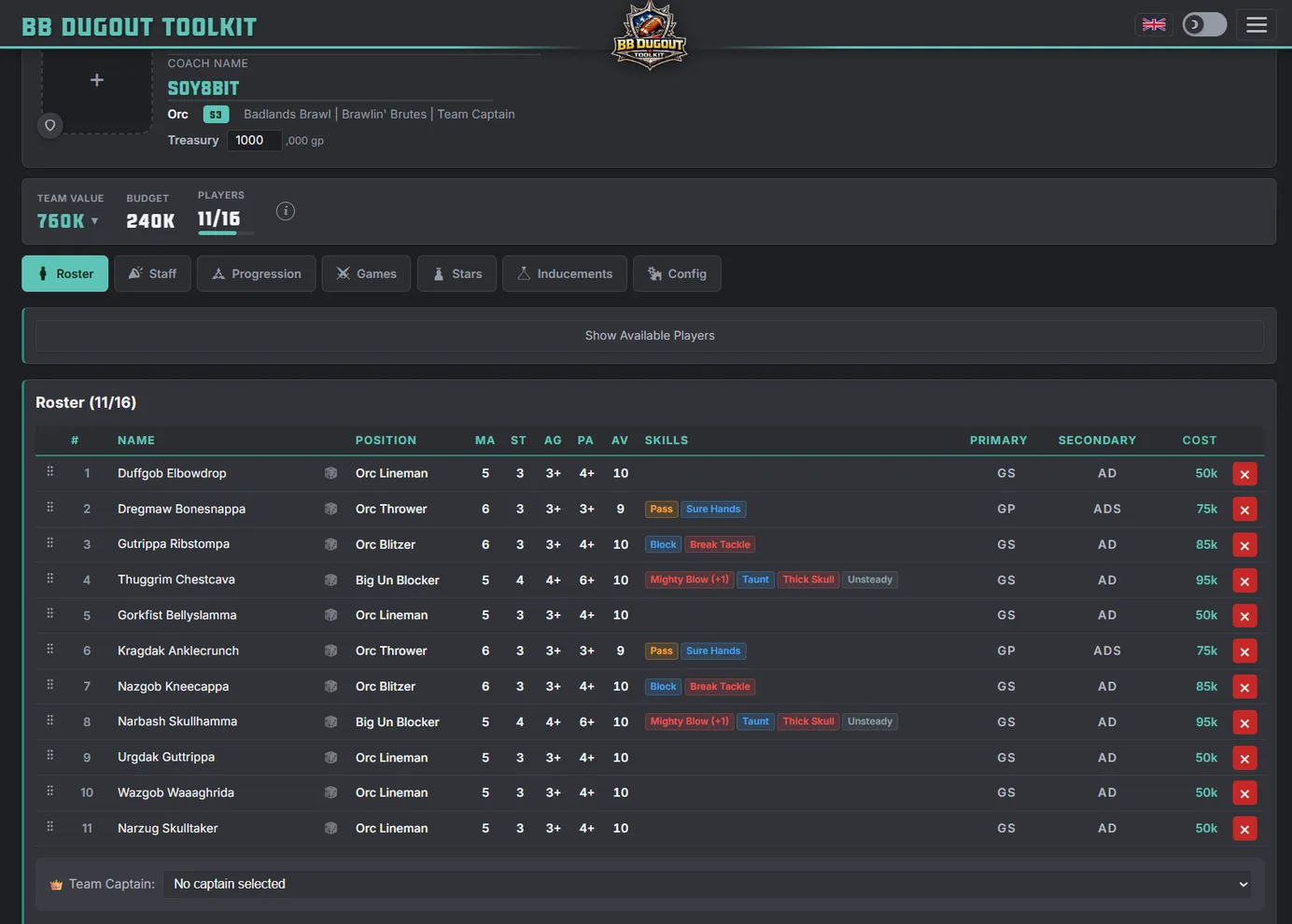El constructor de equipos de BB Dugout con un equipo orco de once jugadores: nombre, posición, características, habilidades y coste de cada uno, y el valor del equipo arriba.