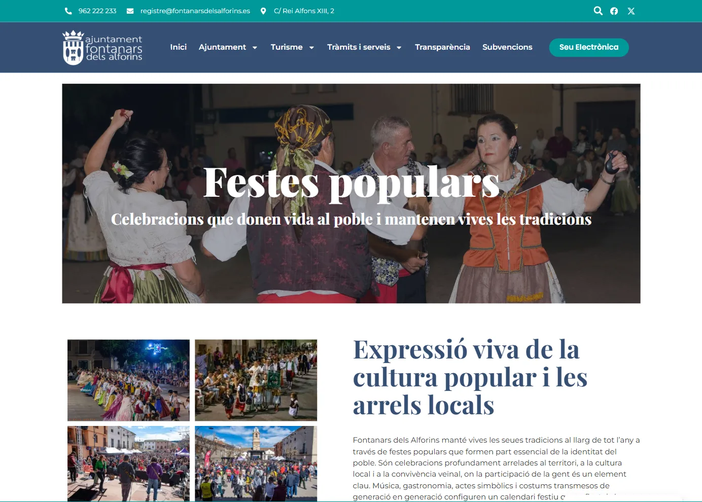 Página de fiestas populares: una fotografía de danzas tradicionales a toda anchura, una rejilla de fotos de las fiestas y el texto sobre la cultura popular del pueblo.