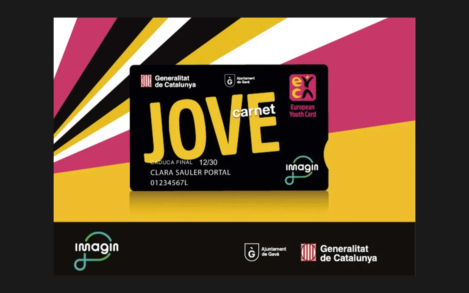 Banner del carnet jove: una tarjeta negra con la palabra JOVE en amarillo sobre rayas fucsia, amarillas y negras, con los logotipos de la Generalitat, el Ajuntament de Gavà y la tarjeta joven europea.