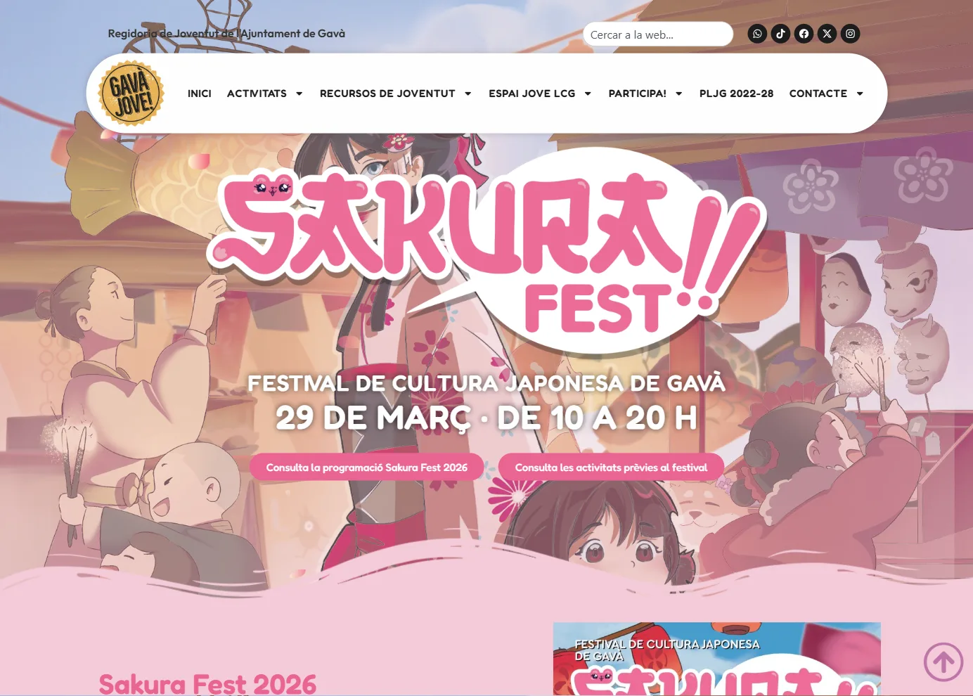 Página del Sakura Fest en gavajove.cat, con el cartel ilustrado del festival, la fecha y los botones de programación y actividades previas.