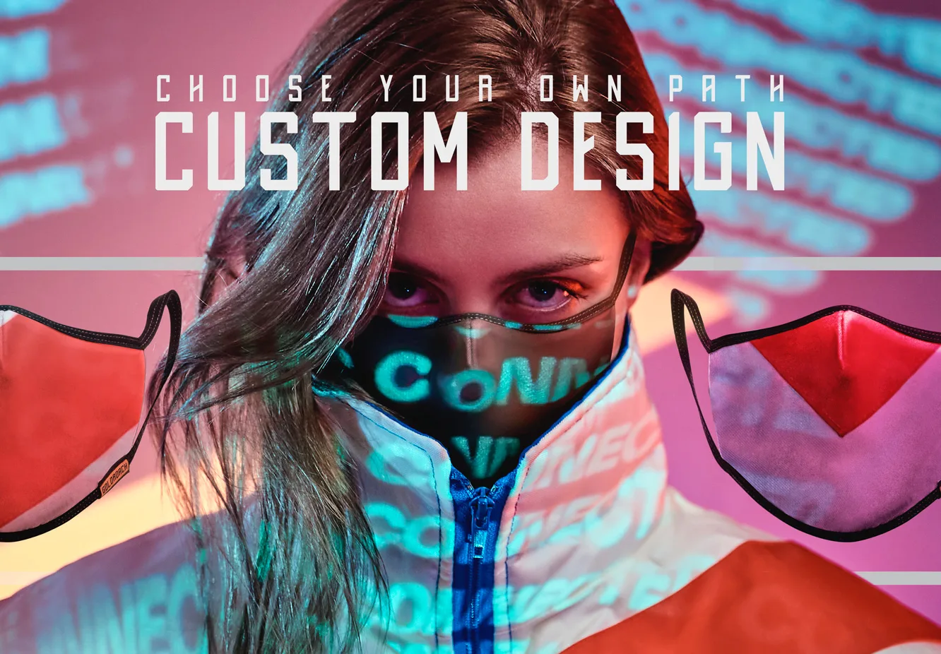 Banner «Custom design» de Goldroach: chica con mascarilla y textos de neón proyectados.