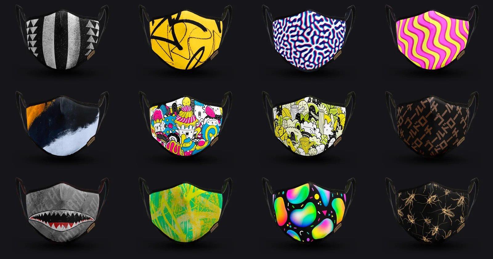 Doce mascarillas Goldroach con estampados distintos: rayas, grafiti, psicodelia, doodles, dientes de tiburón y cucarachas doradas.