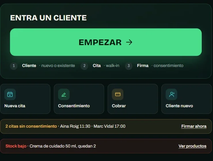 Pantalla de inicio de la app de gestión, con el botón de Empezar y los accesos rápidos (recreación con datos ficticios).