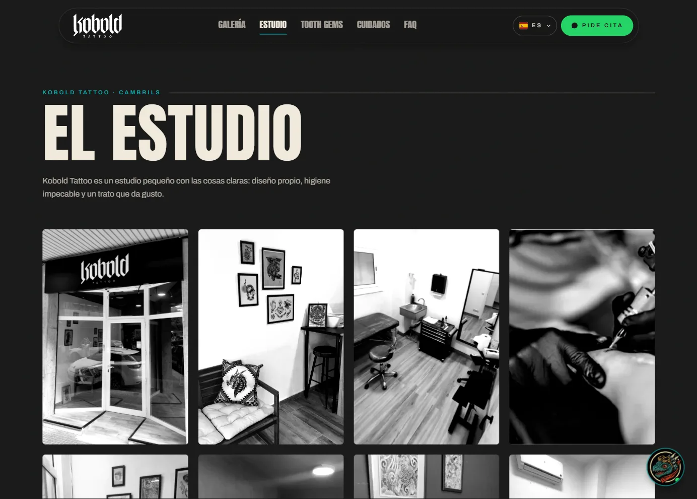 Página «El estudio» con fotografías en blanco y negro del local: la entrada, la sala de espera y la cabina.