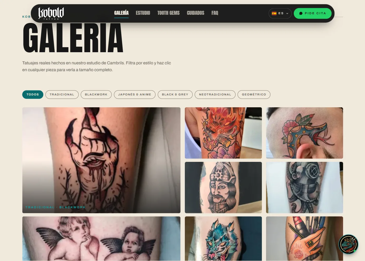 Galería de la web de Kobold Tattoo: filtros por estilo y un mosaico de tatuajes reales del estudio.