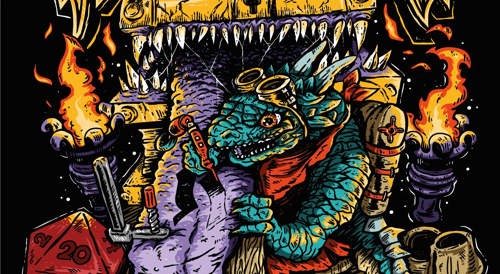 Detalle de la ilustración: un kobold verde con gafas de aviador tatúa con su máquina la lengua de un cofre con dientes, entre dos antorchas y un dado rojo de veinte caras.