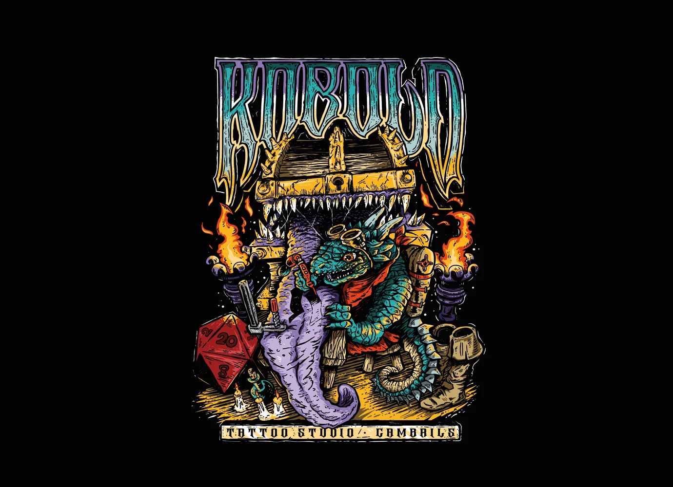 Ilustración completa, con el rótulo «Kobold» arriba y la banda «Tattoo Studio · Cambrils» abajo.