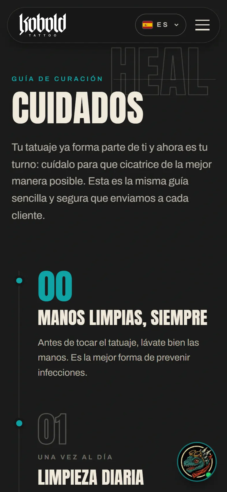 Página de cuidados del tatuaje en el móvil, con los pasos numerados.