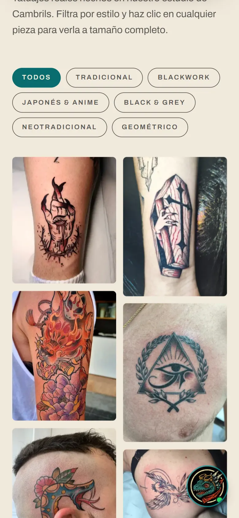 Galería de tatuajes en el móvil, con los filtros por estilo y las fotos a dos columnas.