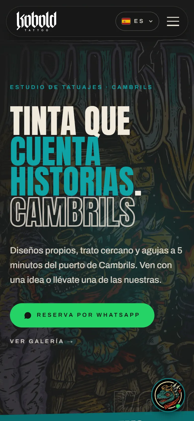Portada de la web de Kobold Tattoo en el móvil, con el titular y el botón de reserva por WhatsApp.