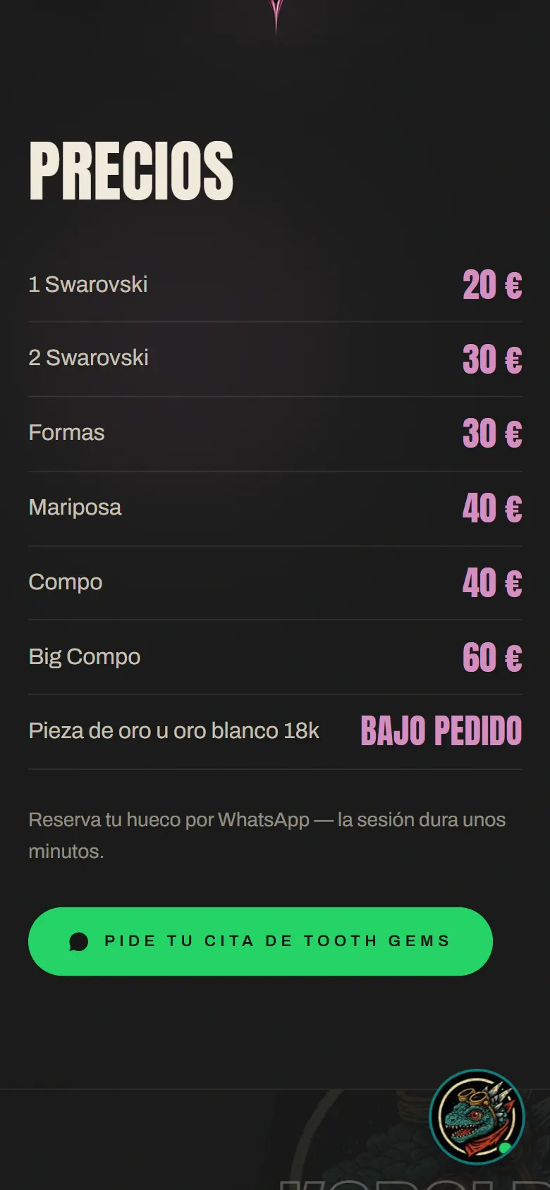 Lista de precios de tooth gems en el móvil.