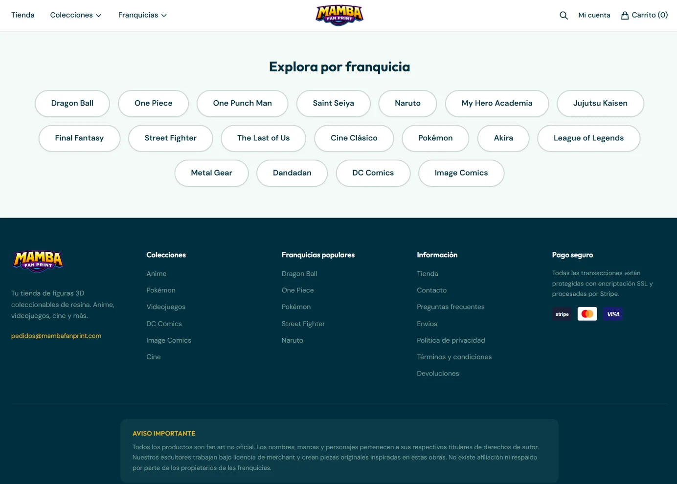 Final de la portada en escritorio: el bloque «Explora por franquicia» con las 19 franquicias como botones y el pie de página con colecciones, información, pago seguro y el aviso de que todo es fan art no oficial.