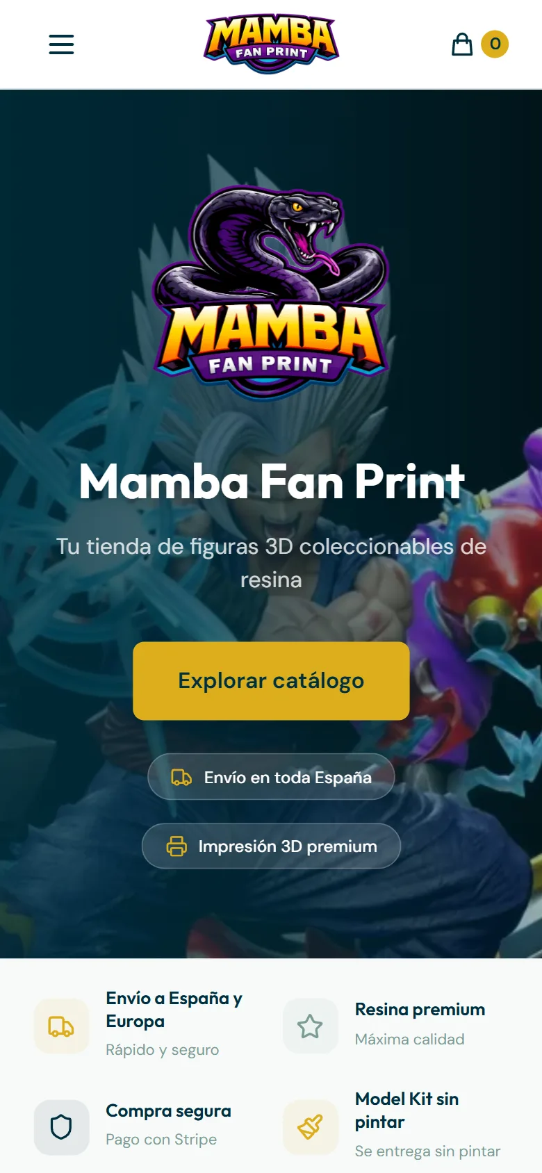 Portada de Mamba Fan Print en el móvil, con el logotipo de la serpiente, el botón de explorar el catálogo y las ventajas de compra.
