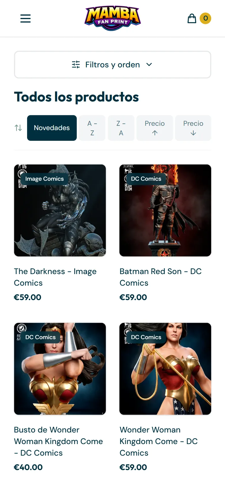 Página de tienda en el móvil: desplegable de filtros y orden, botones de orden y rejilla de figuras a dos columnas.