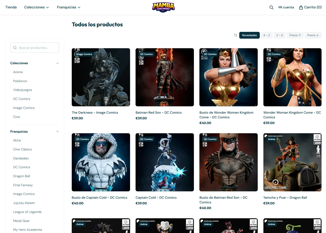 Página de tienda de Mamba Fan Print en escritorio: barra lateral con buscador, colecciones y franquicias, y rejilla de figuras con su precio.