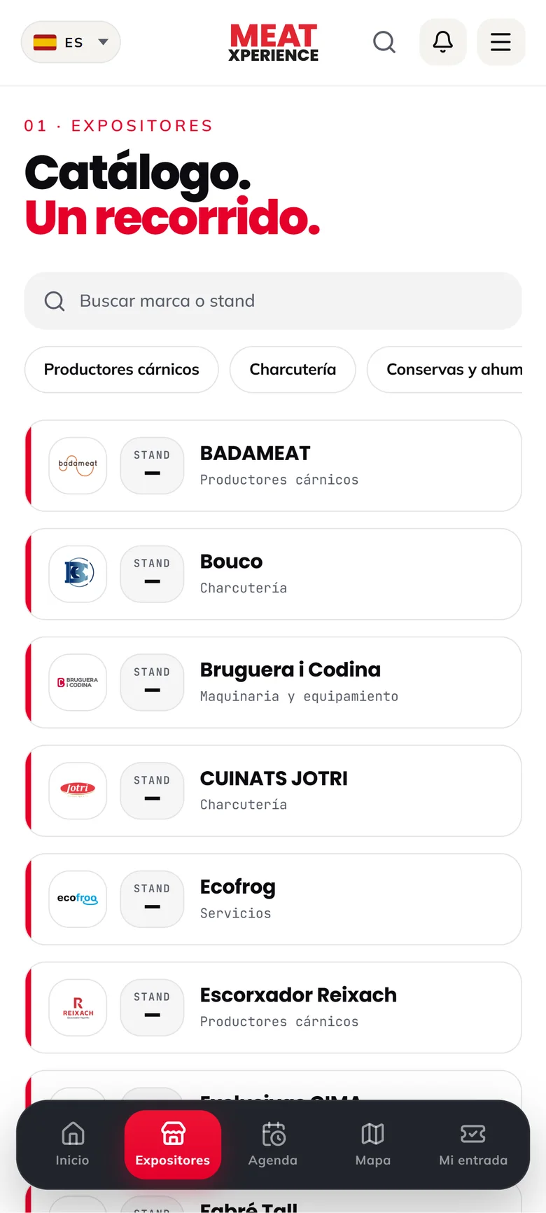 Catálogo de expositores con buscador.
