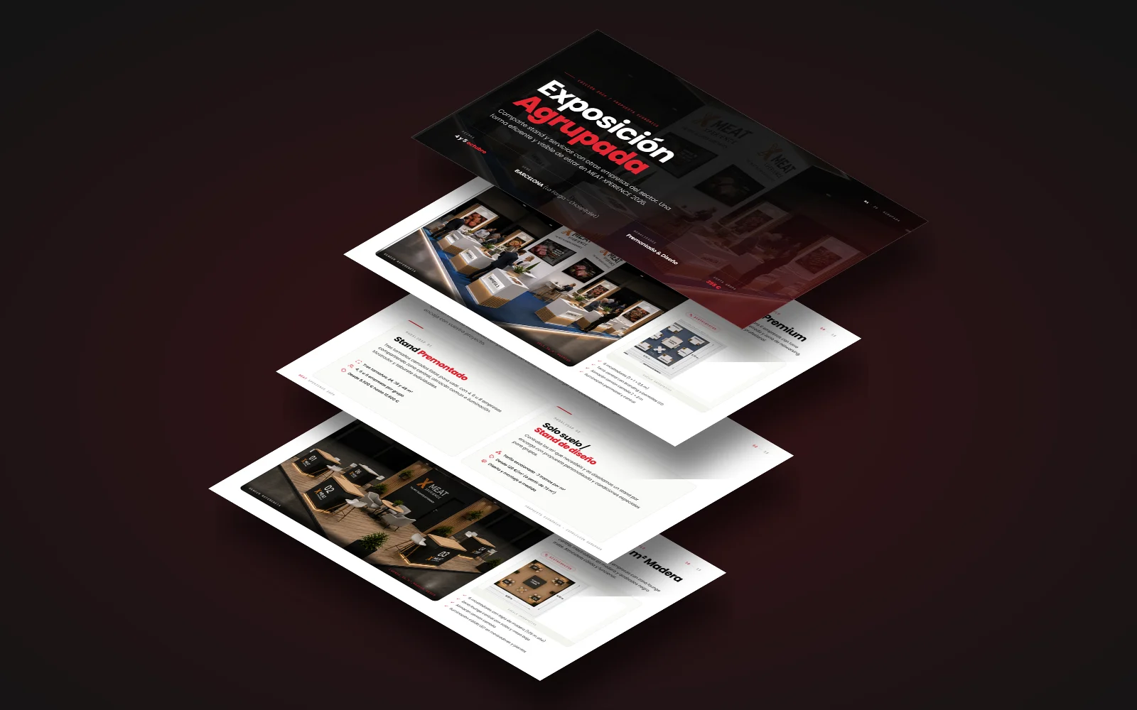 Páginas del dossier comercial «Exposición agrupada» de Meat Xperience en perspectiva isométrica: portada, modalidades de stand y renders de stands de marca.