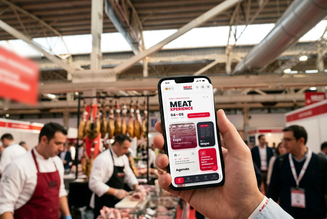 Un visitante consulta la app de Meat Xperience en el móvil en mitad del pabellón, con estands de embutido y carniceros al fondo.