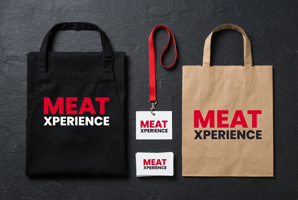 Aplicaciones del logotipo de Meat Xperience: delantal de carnicero, acreditación con cordón rojo, bolsa de papel y tarjetas.