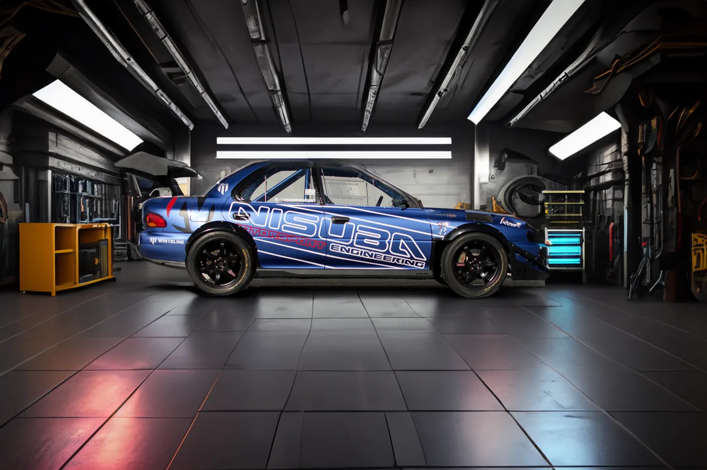 Fotomontaje para la portada de la tienda: el Subaru de competición de Nisuba, azul con el nombre en el lateral, en un taller con luz de neón.
