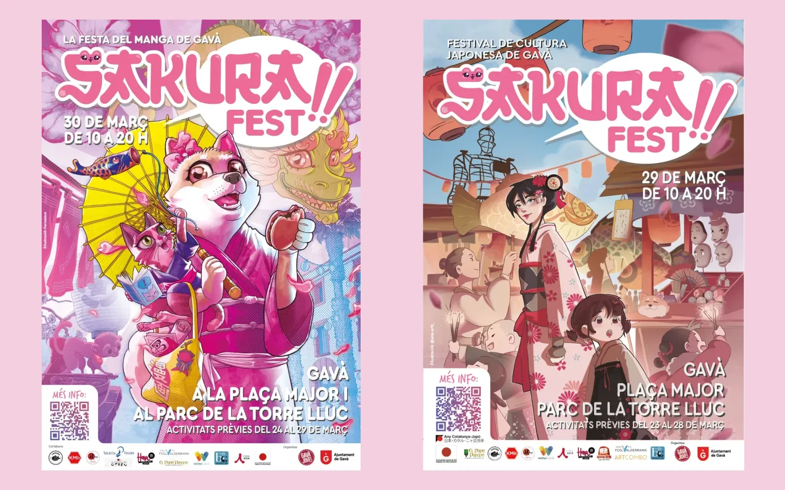 Los carteles de 2025 y 2026 uno junto al otro: el mismo logotipo rosa y la misma estructura de fechas y lugares sobre dos ilustraciones distintas, la de Fercasaus con un perro y un gato en kimono y la de @ana.artt_ con una chica en un mercado japonés.