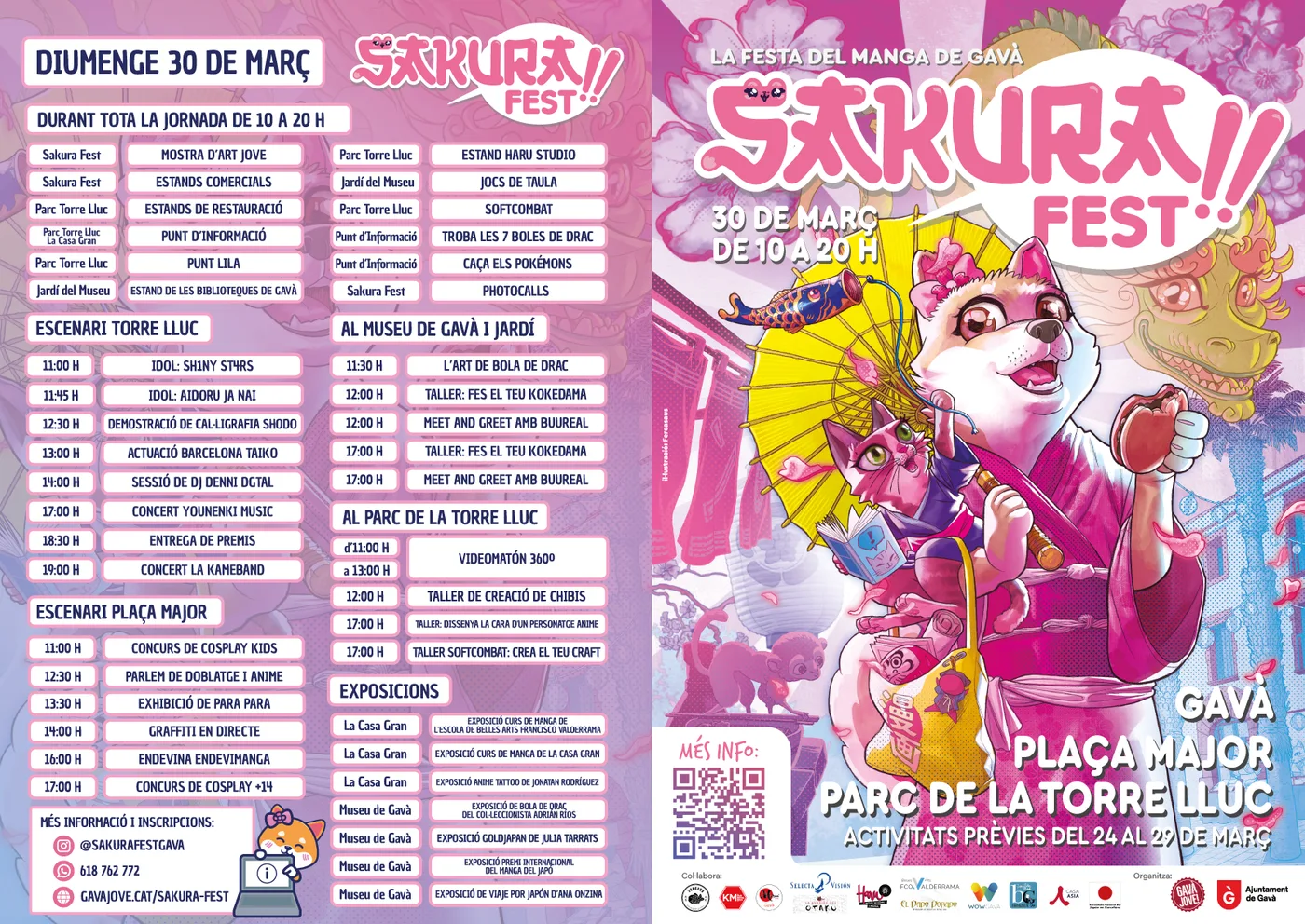 Díptico del Sakura Fest 2025 abierto: a la izquierda la programación del domingo por escenarios y a la derecha el cartel con la ilustración de un perro y un gato en kimono.