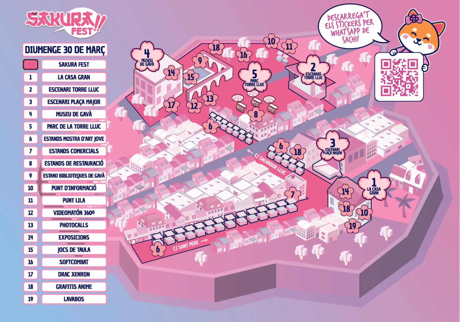 Mapa isométrico del recinto del Sakura Fest 2025 en rosas: el centro de Gavà dibujado en isometría con diecinueve puntos numerados, la leyenda a la izquierda y la mascota Sachi con un código QR para descargar stickers.
