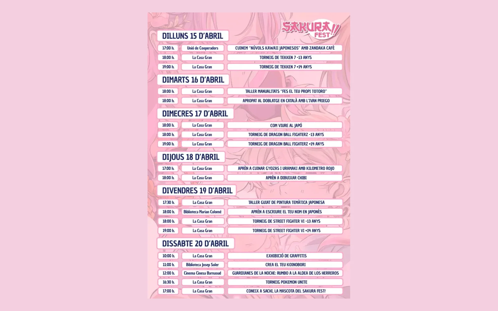 Programación de las actividades previas del Sakura Fest 2024 para Instagram: cada día con sus horas, lugares y actividades sobre un fondo rosa con la ilustración desvaída.