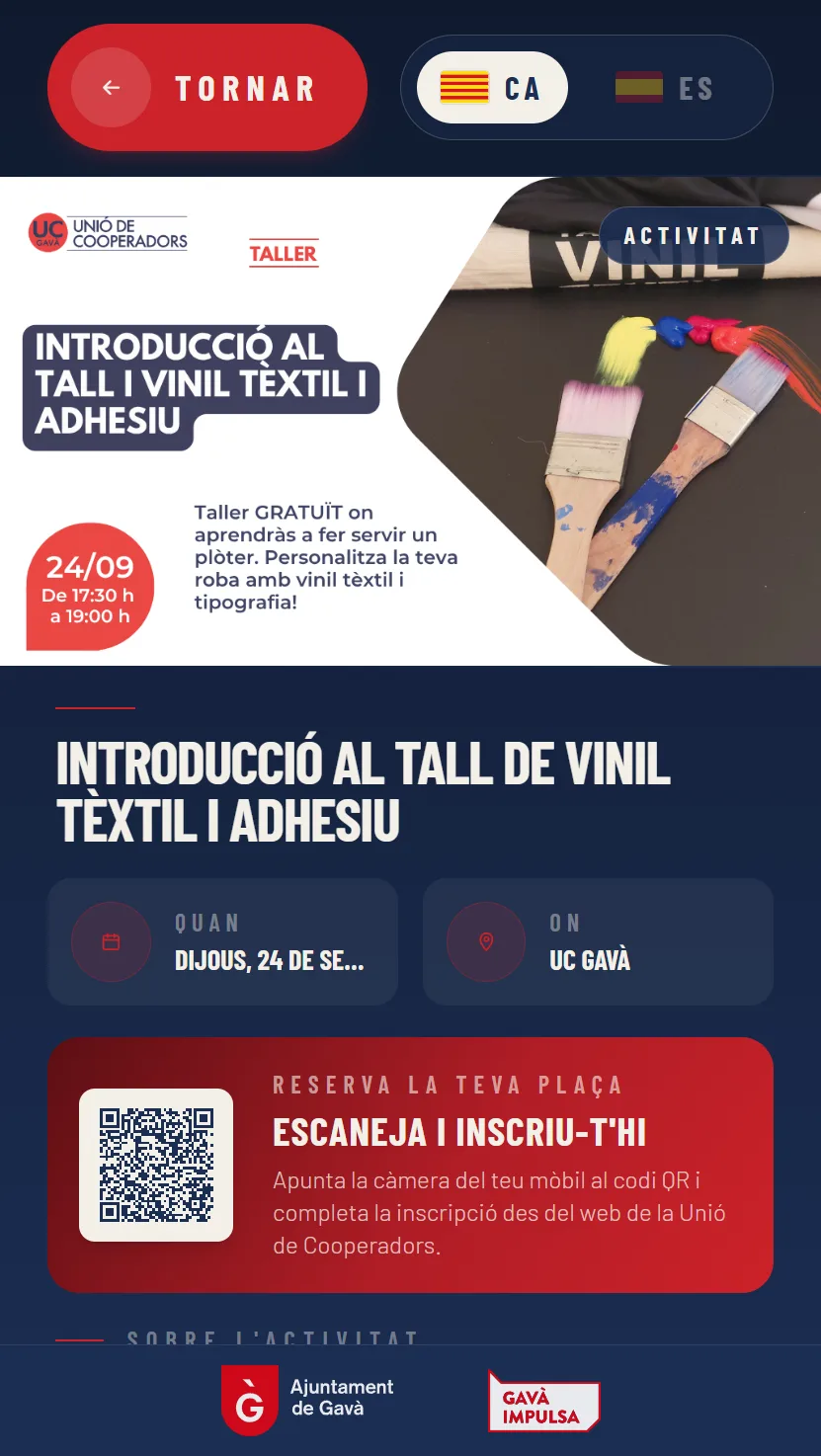 Ficha de una actividad con fecha, lugar y un código QR para inscribirse desde el móvil.