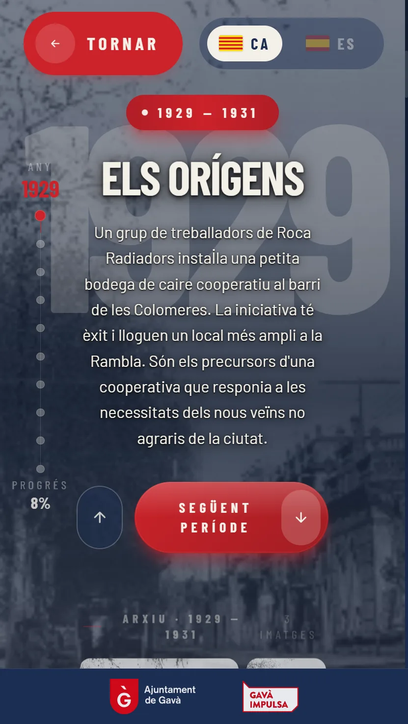 Pantalla del período «Els orígens, 1929-1931» con texto y fotografías de archivo.