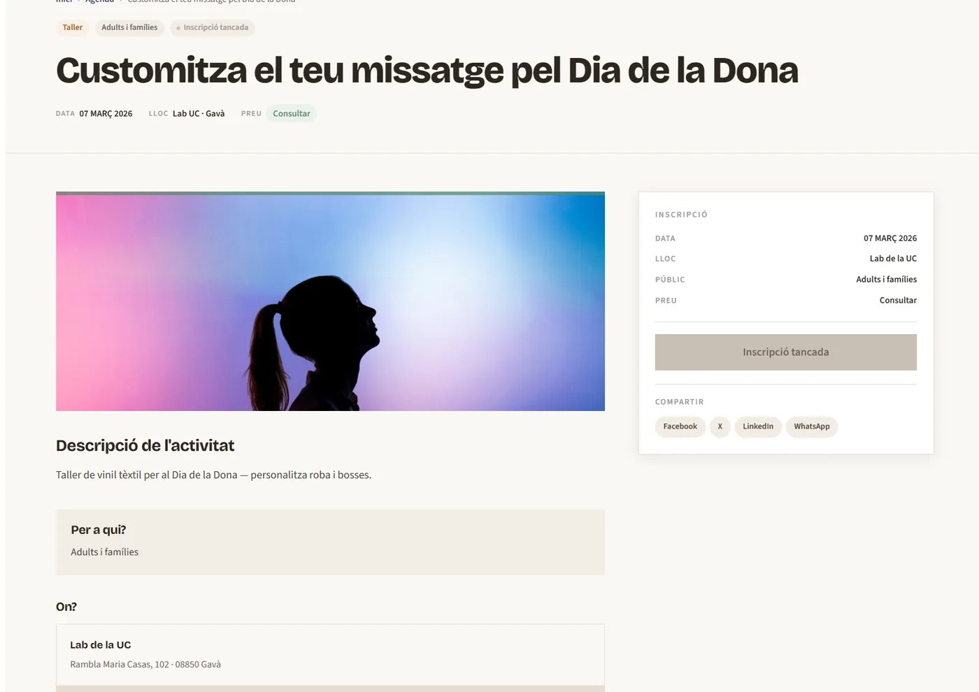 Ficha de una actividad con imagen, datos de inscripción, público y lugar.