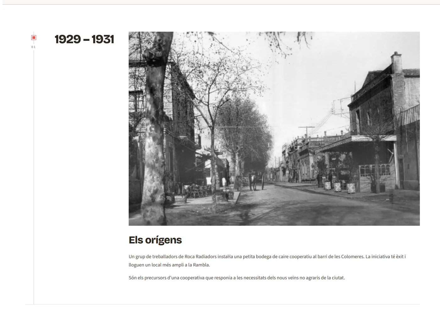 Página de historia con una línea de tiempo y fotografías de archivo en blanco y negro.