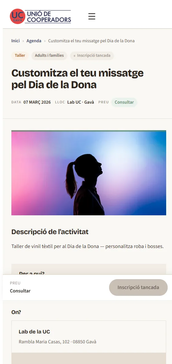 Ficha de actividad en el móvil con su imagen y los datos de inscripción.