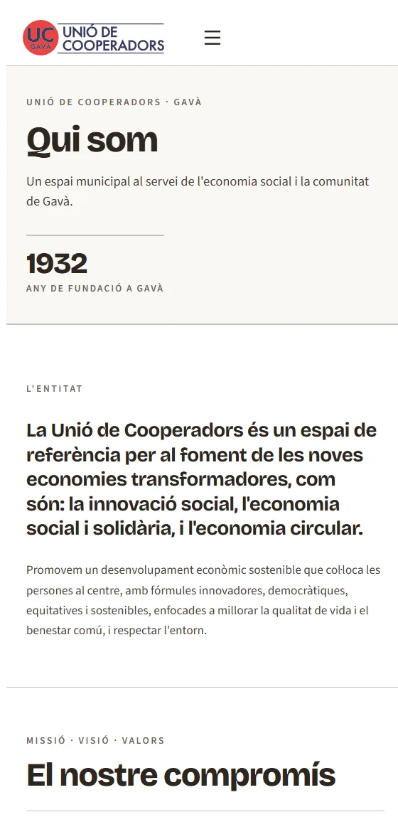 Página «Qui som» en el móvil, con el titular grande y el párrafo destacado.