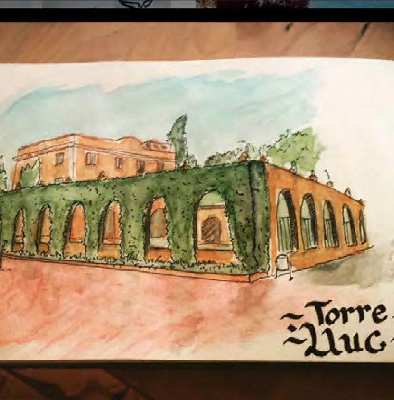Acuarela de un edificio con arcos cubiertos de hiedra.