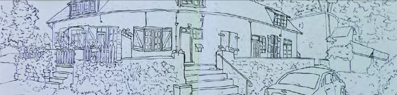 Boceto a línea de una casa con jardín y un coche aparcado.