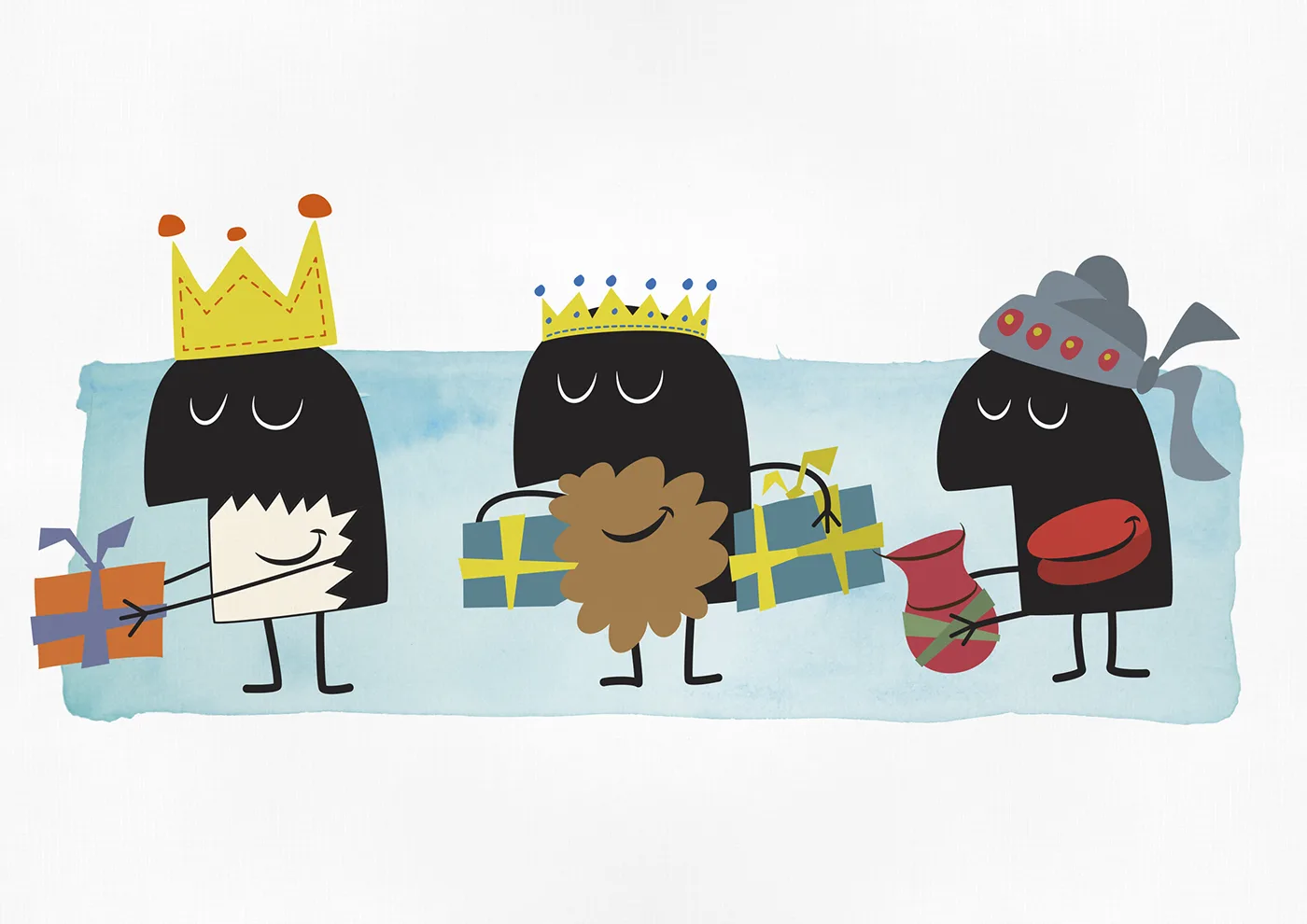 Felicitación navideña con tres pequeños reyes con coronas y regalos.