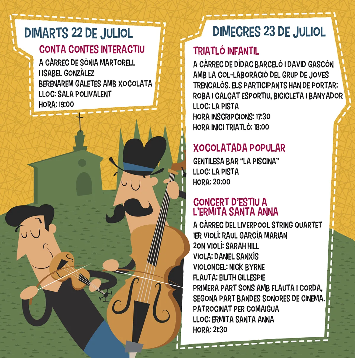 Página de un programa de fiestas con músicos de cuerda ilustrados.