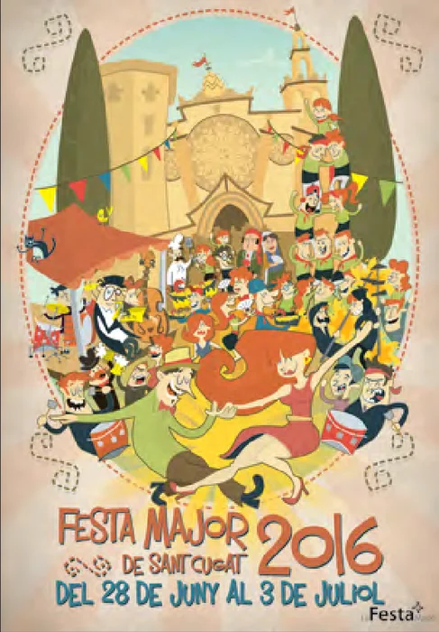 Cartel de fiesta mayor con una multitud de personajes alrededor de la iglesia del pueblo.
