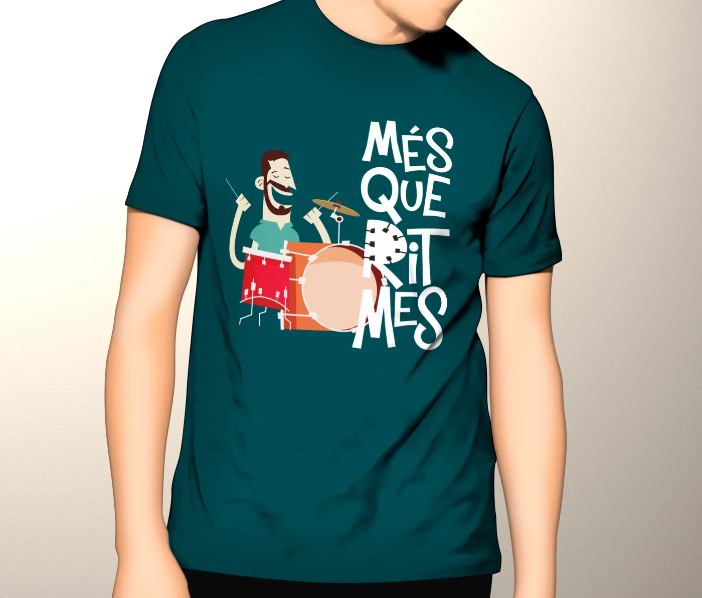 Camiseta verde azulado con un batería ilustrado.
