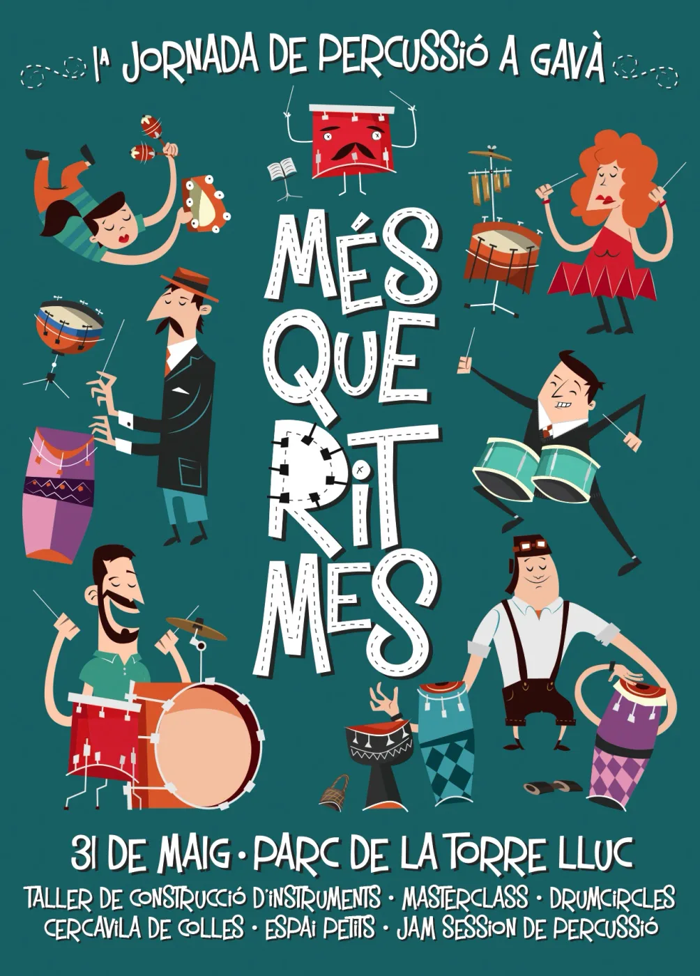 Cartel de una jornada de percusión con músicos ilustrados alrededor del título.