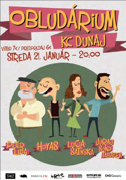 Cartel de teatro con cinco personajes sobre un círculo verde.