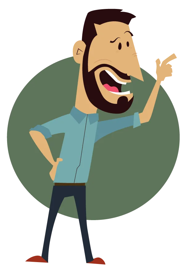 Personaje con barba y camisa azul que señala hacia arriba.