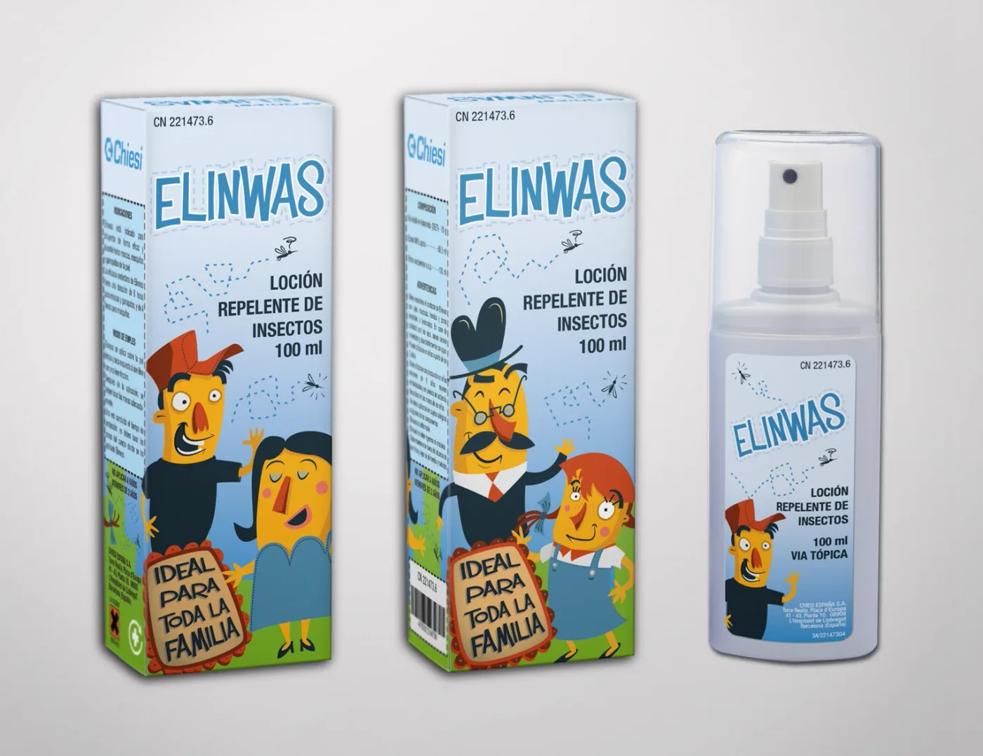 Cajas y espray de un producto con personajes ilustrados en el envase.