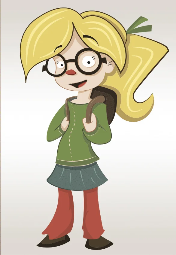 Niña con gafas redondas y mochila: del boceto a lápiz al color.