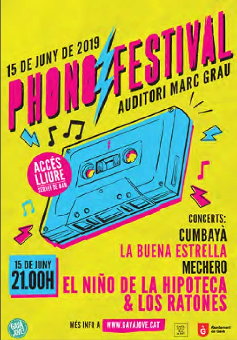 Cartel amarillo de festival con una cinta de casete azul.