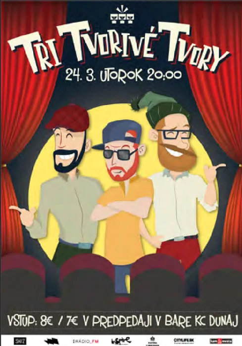 Cartel de teatro con tres actores ilustrados entre cortinas rojas.