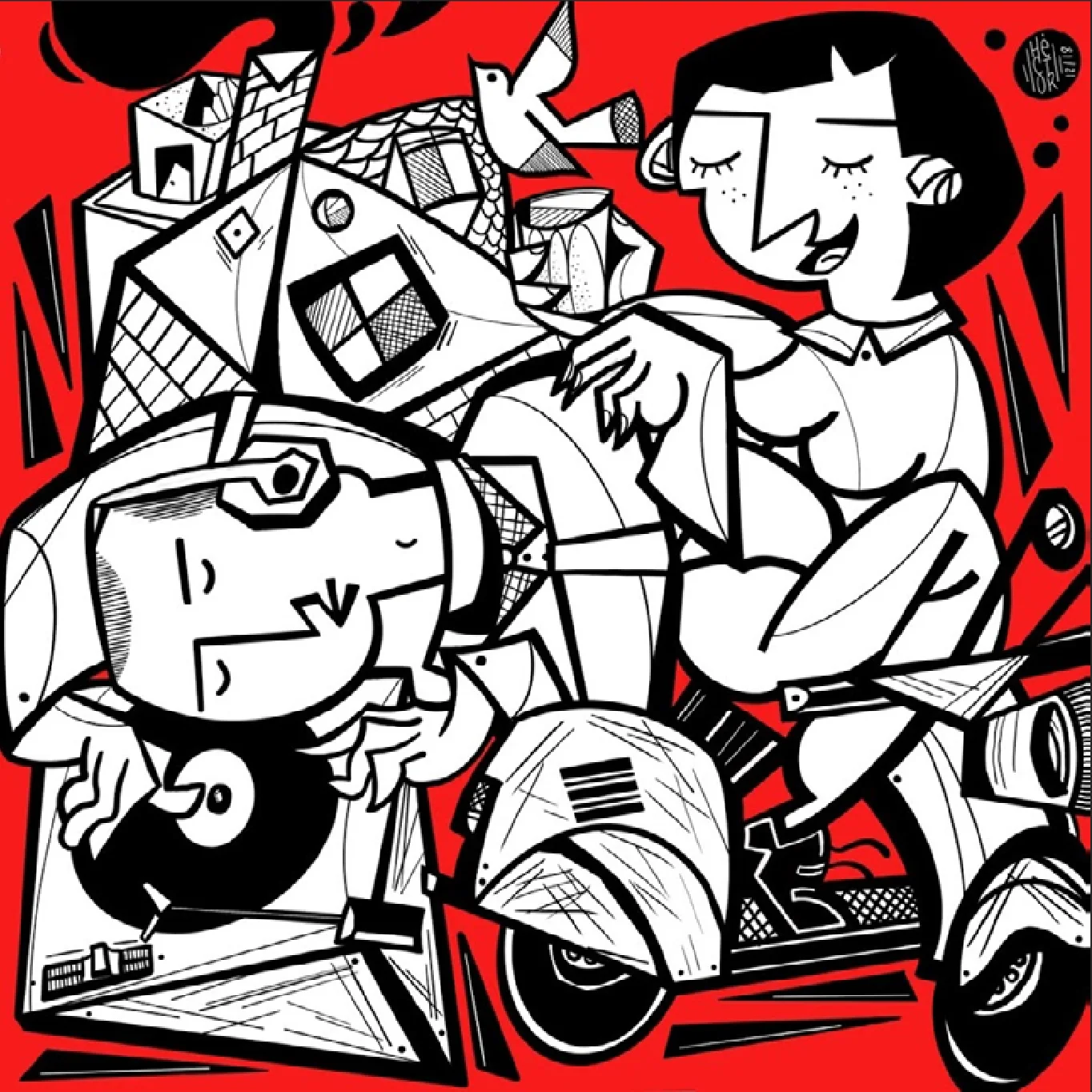 Ilustración en blanco, negro y rojo: una chica en vespa con un chico, un tocadiscos y casas geométricas.